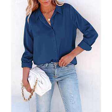 AISEW Womens Satin Button Down Shirts V Neck Long Sleeve Office Blouses Work Casual Tops (1195Dark Blue, Small)