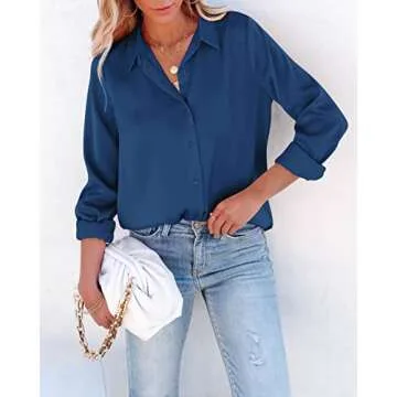 AISEW Womens Satin Button Down Shirts V Neck Long Sleeve Office Blouses Work Casual Tops (1195Dark Blue, Small)
