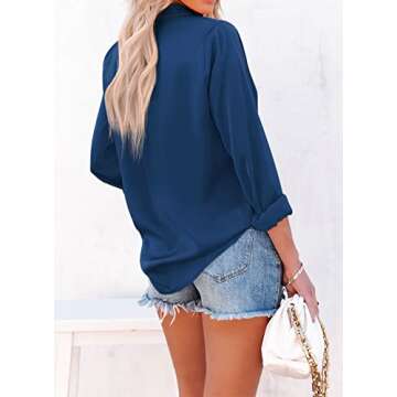 AISEW Womens Satin Button Down Shirts V Neck Long Sleeve Office Blouses Work Casual Tops (1195Dark Blue, Small)