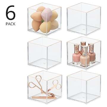mDesign Square Cosmetic Organizer for Bathroom, Bedroom, or Vanity Countertop and Drawers - Storage Bin for Makeup, Brushes, Palettes, Lipstick, Blush - Prism Collection - 6 Pack - Clear/Rose Gold