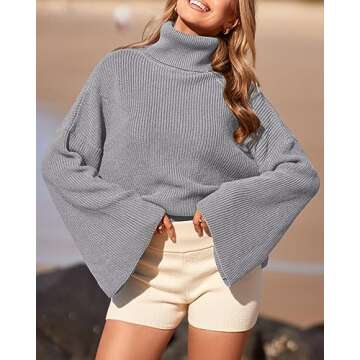 BTFBM Women's Turtleneck Pullover Sweaters 2024 Fall Winter Bell Long Sleeve Slouchy Oversized Ribbed Knit Jumper Tops(Solid Grey, Small)