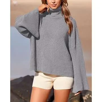 BTFBM Women's Turtleneck Pullover Sweaters 2024 Fall Winter Bell Long Sleeve Slouchy Oversized Ribbed Knit Jumper Tops(Solid Grey, Small)