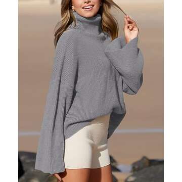 BTFBM Women's Turtleneck Pullover Sweaters 2024 Fall Winter Bell Long Sleeve Slouchy Oversized Ribbed Knit Jumper Tops(Solid Grey, Small)