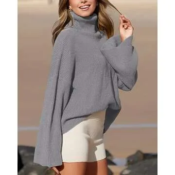 BTFBM Women's Turtleneck Pullover Sweaters 2024 Fall Winter Bell Long Sleeve Slouchy Oversized Ribbed Knit Jumper Tops(Solid Grey, Small)