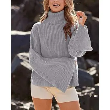 BTFBM Women's Turtleneck Pullover Sweaters 2024 Fall Winter Bell Long Sleeve Slouchy Oversized Ribbed Knit Jumper Tops(Solid Grey, Small)