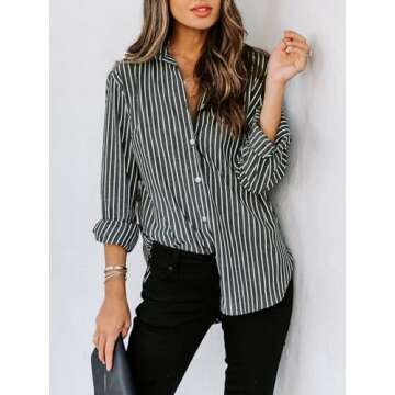 siliteelon Womens Button Down Shirts Cotton Striped Dress Shirt Long Sleeve Collared Office Work Blouses Tops - Deep Gray Striped M