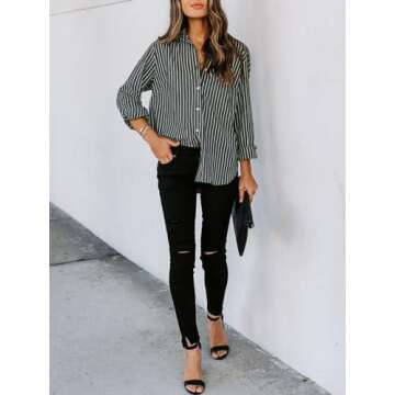 siliteelon Womens Button Down Shirts Cotton Striped Dress Shirt Long Sleeve Collared Office Work Blouses Tops - Deep Gray Striped M