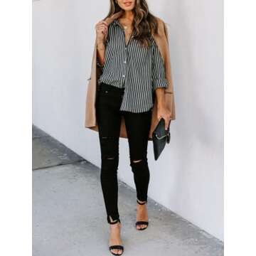 siliteelon Womens Button Down Shirts Cotton Striped Dress Shirt Long Sleeve Collared Office Work Blouses Tops - Deep Gray Striped M