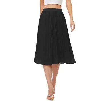 Womens High Waist Pleated Skirt Chiffon Midi Skirts for Women Swing Maxi A Line Skirt Elastic Flare Skirts Black M