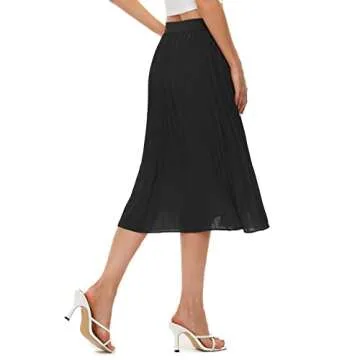Womens High Waist Pleated Skirt Chiffon Midi Skirts for Women Swing Maxi A Line Skirt Elastic Flare Skirts Black M