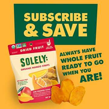 SOLELY - Organic Dried Mango Strips (5 oz Resealable Bags, Pack of 6) - Real Fresh Fruit - 1 Ingredient - Healthy Snacks for Adults & Kids - Non GMO, Vegan Snacks, Shelf Stable - 6 Bags (30 oz)