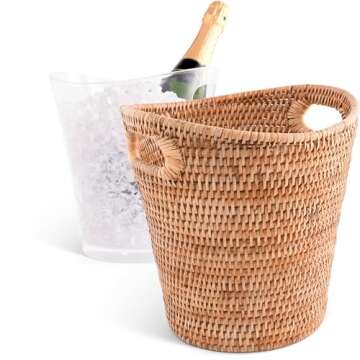 Vagabond House Hand Woven Rattan Champagne Bucket - 10 Inches Tall x 9.5 Inches Diameter with Removable Acrylic Insert - Natural and Durable Material for Chilling and Serving Champagne