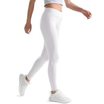 KEREDA Girls Athletic Leggings V Cross Yoga Pants Teen Girls with Pocket for Workout,Gym,Running,Dance White 11-12 Y
