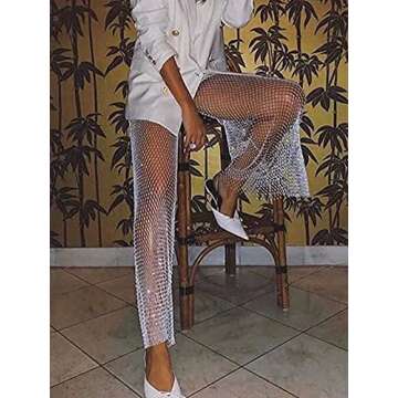 Yokawe Rhinestone Fishnet Pants Sparkle for Women