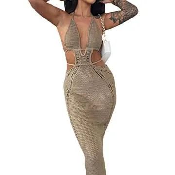 MYBFYABO Women's Halter Bodycon Mini Dress Sleeveless Tie Backless Hollow Out Corset Knit Dress Wrap Dress Summer Beach Dress (Long-Khaki, S)