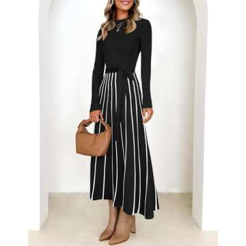 ZESICA Womens Spring Turtleneck Long Sleeve Sweater Dress Tie Waist Casual Loose Ribbed Knit A Line Midi Dresses,Black,Large