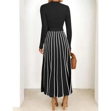 ZESICA Womens Spring Turtleneck Long Sleeve Sweater Dress Tie Waist Casual Loose Ribbed Knit A Line Midi Dresses,Black,Large