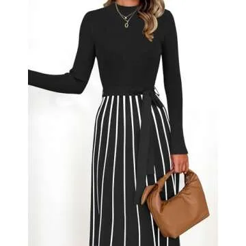 ZESICA Womens Spring Turtleneck Long Sleeve Sweater Dress Tie Waist Casual Loose Ribbed Knit A Line Midi Dresses,Black,Large