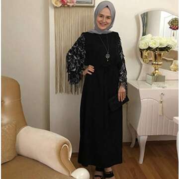 Women Traditional Muslim Women Abaya Dress Fower Blooming Long Sleeve Maxi Length Cardigan Robe with Sashes Saudi Arab Dubai (803#Black, M)