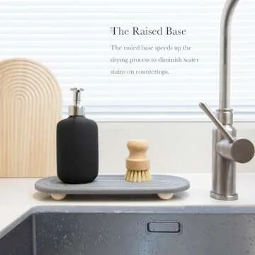 RIOMZY Instant Dry Sink Caddy Organizer – Water Absorbing Stone Tray for Kitchen Bathroom Countertop, Fast Drying Sink Caddy (with Wooden Feet and Natural Loofah, Gray)