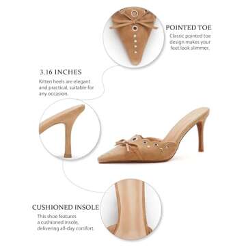 BIUBAKUA Kitten Heels for Women Nude Pointed Toe Heels Studded Slip On Bow Heels Mules Faux Suede Pumps Kitten Heel Sandals
