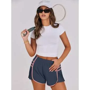 Caracilia Women Running Shorts Flowy Pleated Athletic Shorts Summer High Waisted Tennis Sporty Workout Gym Shorts Navy Medium