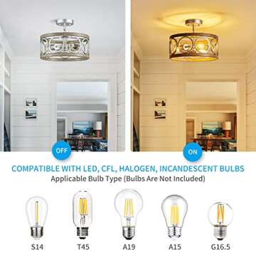 XINGQI 3-Lights Modern Ceiling Light Fixture Brushed Nickel Rustic Semi Flush Mount Ceiling Lights Wood Grain Metal Round Lamp for Kitchen Dining Room Bedroom Entryway