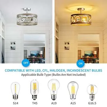 XINGQI 3-Lights Modern Ceiling Light Fixture Brushed Nickel Rustic Semi Flush Mount Ceiling Lights Wood Grain Metal Round Lamp for Kitchen Dining Room Bedroom Entryway