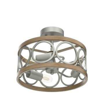 XINGQI 3-Lights Modern Ceiling Light Fixture Brushed Nickel Rustic Semi Flush Mount Ceiling Lights Wood Grain Metal Round Lamp for Kitchen Dining Room Bedroom Entryway