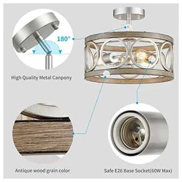 XINGQI 3-Lights Modern Ceiling Light Fixture Brushed Nickel Rustic Semi Flush Mount Ceiling Lights Wood Grain Metal Round Lamp for Kitchen Dining Room Bedroom Entryway