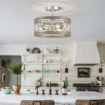 XINGQI 3-Lights Modern Ceiling Light Fixture Brushed Nickel Rustic Semi Flush Mount Ceiling Lights Wood Grain Metal Round Lamp for Kitchen Dining Room Bedroom Entryway