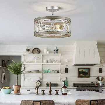 XINGQI 3-Lights Modern Ceiling Light Fixture Brushed Nickel Rustic Semi Flush Mount Ceiling Lights Wood Grain Metal Round Lamp for Kitchen Dining Room Bedroom Entryway