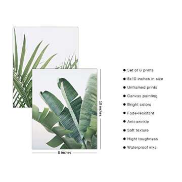 HoozGee Botanical Wall Art Prints Set of 6 Tropical Leaves Decor Plant Leaf Wall Art Canvas Prints for Wall Decor Green Wall Art Posters Set for Living Room Decor (8"x10" UNFRAMED)