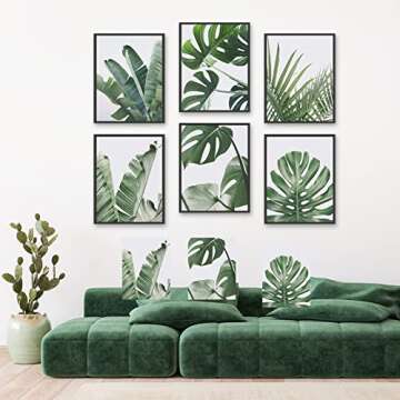 HoozGee Botanical Wall Art Prints Set of 6 Tropical Leaves Decor Plant Leaf Wall Art Canvas Prints for Wall Decor Green Wall Art Posters Set for Living Room Decor (8"x10" UNFRAMED)