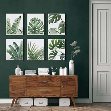 HoozGee Botanical Wall Art Prints Set of 6 Tropical Leaves Decor Plant Leaf Wall Art Canvas Prints for Wall Decor Green Wall Art Posters Set for Living Room Decor (8"x10" UNFRAMED)
