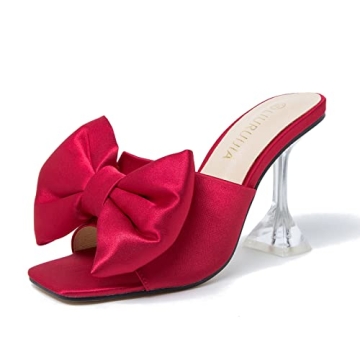 LIURUIJIA Women's Bow High Heels Mules Dress Sandals Slip On Party Prom Wedding Bridal Shoes Red 46 ...