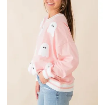Yiulangde Womens Halloween Ghost Sweatshirt Spooky Season Funny Graphic Sweaters Crewneck Sweatshirt Halloween Party Clothes Pink