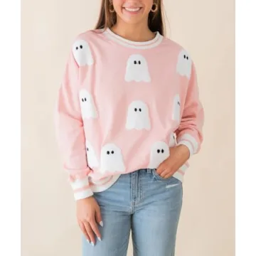 Yiulangde Womens Halloween Ghost Sweatshirt Spooky Season Funny Graphic Sweaters Crewneck Sweatshirt Halloween Party Clothes Pink