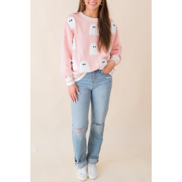 Yiulangde Womens Halloween Ghost Sweatshirt Spooky Season Funny Graphic Sweaters Crewneck Sweatshirt Halloween Party Clothes Pink