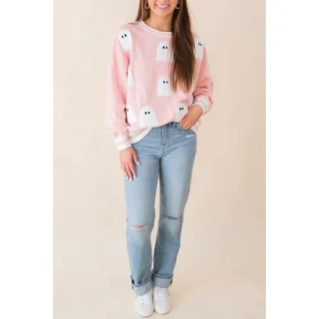 Yiulangde Womens Halloween Ghost Sweatshirt Spooky Season Funny Graphic Sweaters Crewneck Sweatshirt Halloween Party Clothes Pink