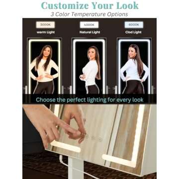 LUXFURNI LED Light Jewelry Cabinet Standing Full Screen Mirror Makeup Lockable Armoire, Large Cosmetic Storage Organizer w/Brush Holder (White)