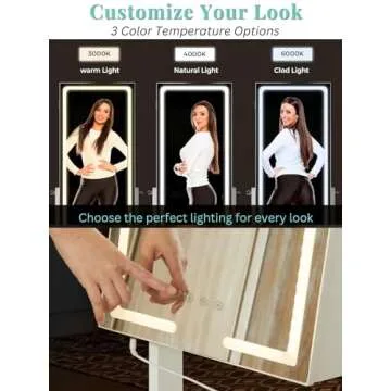 LUXFURNI LED Light Jewelry Cabinet Standing Full Screen Mirror Makeup Lockable Armoire, Large Cosmetic Storage Organizer w/Brush Holder (White)