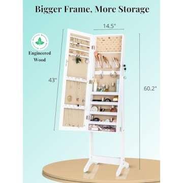 LUXFURNI LED Light Jewelry Cabinet Standing Full Screen Mirror Makeup Lockable Armoire, Large Cosmetic Storage Organizer w/Brush Holder (White)