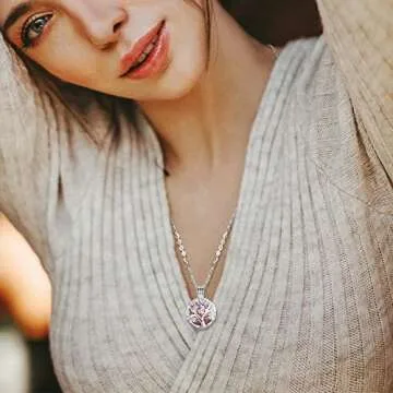 INFUSEU Sakura Tree Aromatherapy Necklace, Essential Oils Diffuser Locket Pendant with 7 PCS Lava Rock Stones and 24" Link Chain