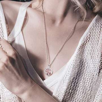 INFUSEU Sakura Tree Aromatherapy Necklace, Essential Oils Diffuser Locket Pendant with 7 PCS Lava Rock Stones and 24" Link Chain