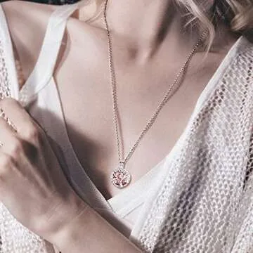 INFUSEU Sakura Tree Aromatherapy Necklace, Essential Oils Diffuser Locket Pendant with 7 PCS Lava Rock Stones and 24" Link Chain