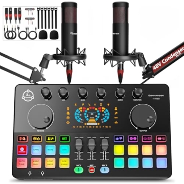 Podcast Equipment Bundle for 2, Audio Interface DJ Mixer with 48V XLR Condenser Microphone, Voice Ch...