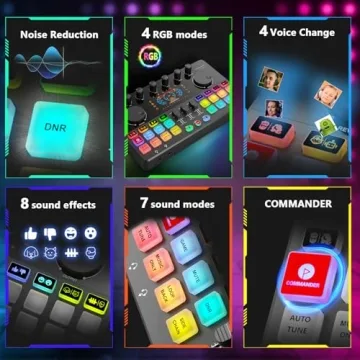 Podcast Equipment Bundle for 2, Audio Interface DJ Mixer with 48V XLR Condenser Microphone, Voice Change, RGB, for Streaming, Podcast Recording,Tiktok,PC, Smartphone COMMANDER M100 3rd