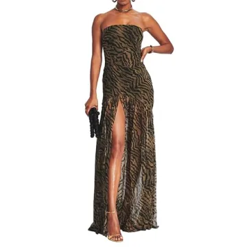 Elyincii Women's Tube Top Dress - Slim Strapless Backless Mesh High Slit Long Dress for Parties