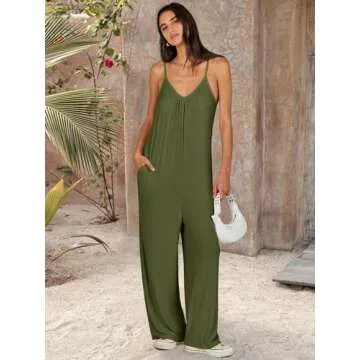 ANRABESS Women Summer Casual Sleeveless Spaghetti Strap Boho Wide Leg Jumpsuits Rompers Dressy 2025 Trendy Outfits Clothes Armygreen Medium